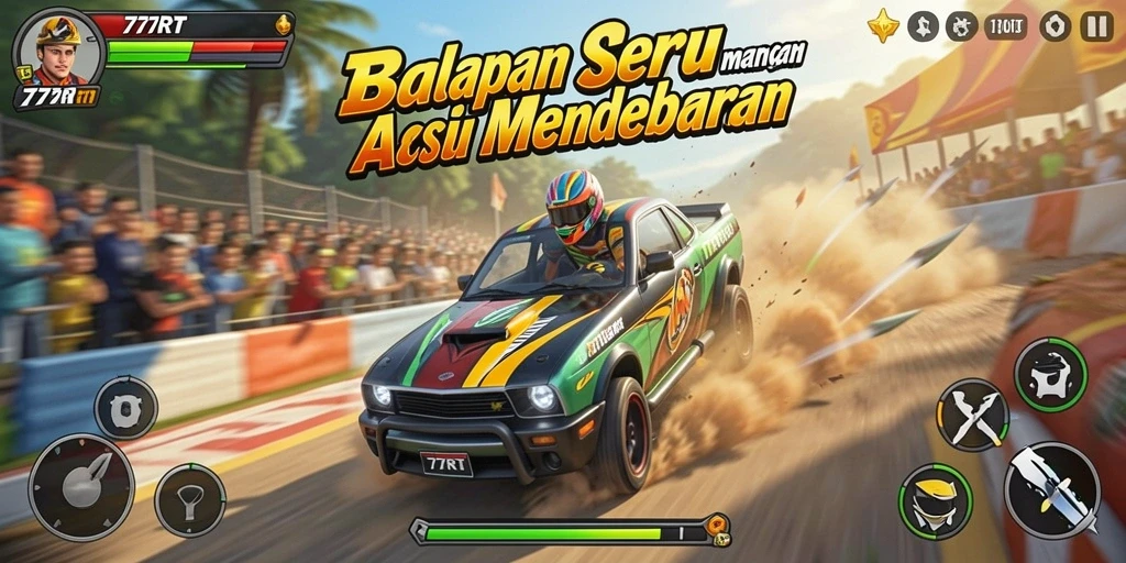 Tampilan seru dari gameplay balapan di 77RT dengan kendaraan yang berlomba.