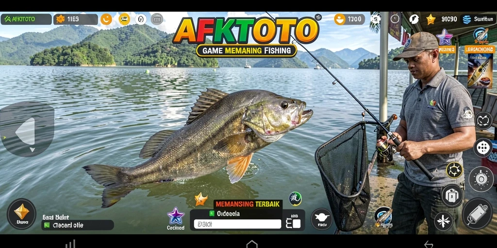 Screenshot menampilkan gameplay seru AFKTOTO dengan pemain yang memancing ikan besar.