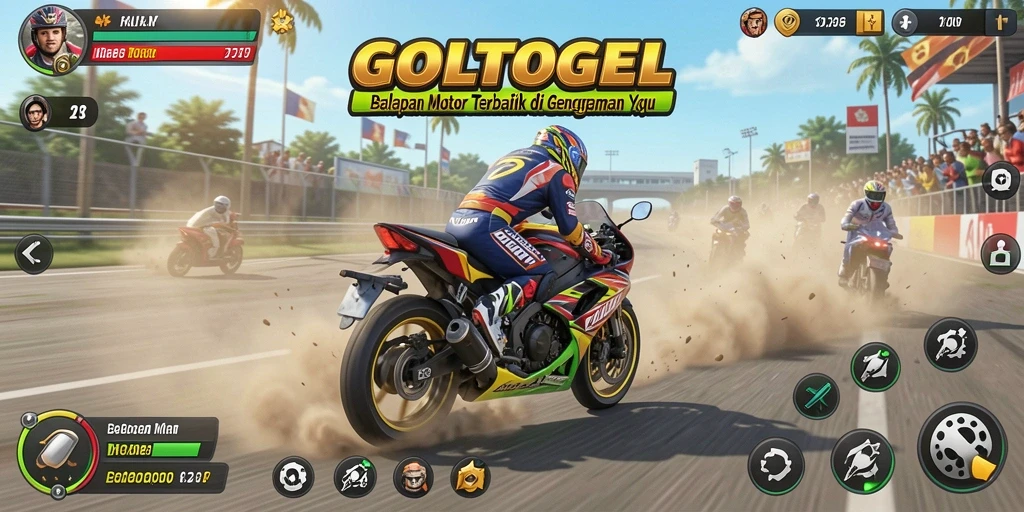 Gameplay menarik GOLTOGEL dengan balapan motor yang seru dan mendebarkan.