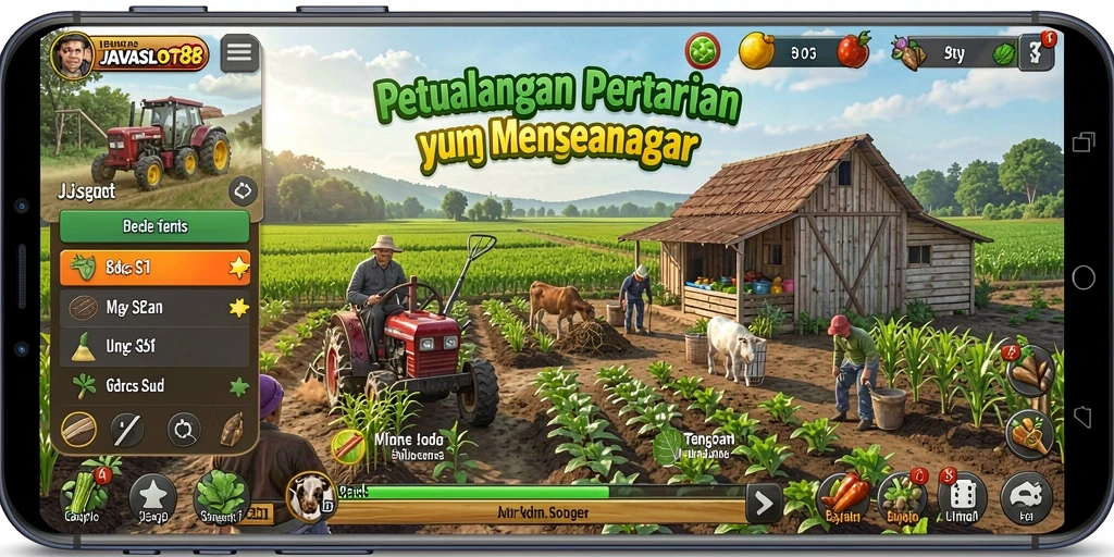 Screenshot gameplay JAVASLOT88 menampilkan ladang yang penuh warna dan aktivitas pertanian.