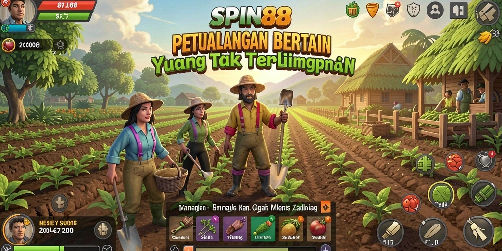 Tampilan gameplay SPIN88 dengan ladang yang subur dan hewan ternak.
