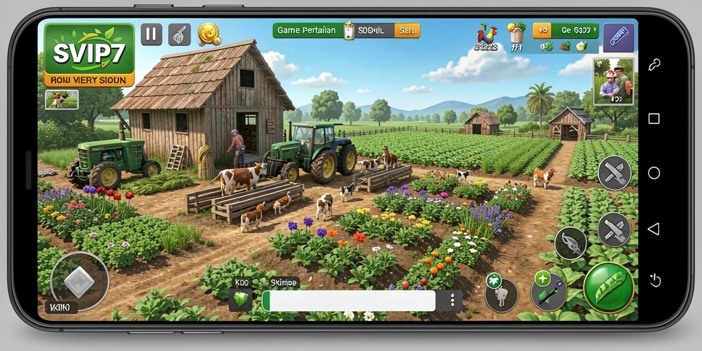Tampilan gameplay SVIP7 dengan aktivitas berkebun yang seru.