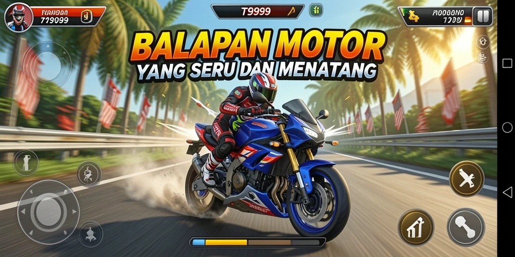 Screenshot gameplay T9999 menunjukkan aksi balapan motor yang mendebarkan.