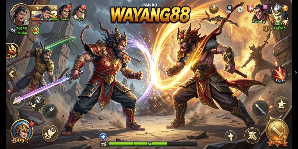 Tampilan screenshot utama WAYANG88 dengan karakter wayang bertarung.